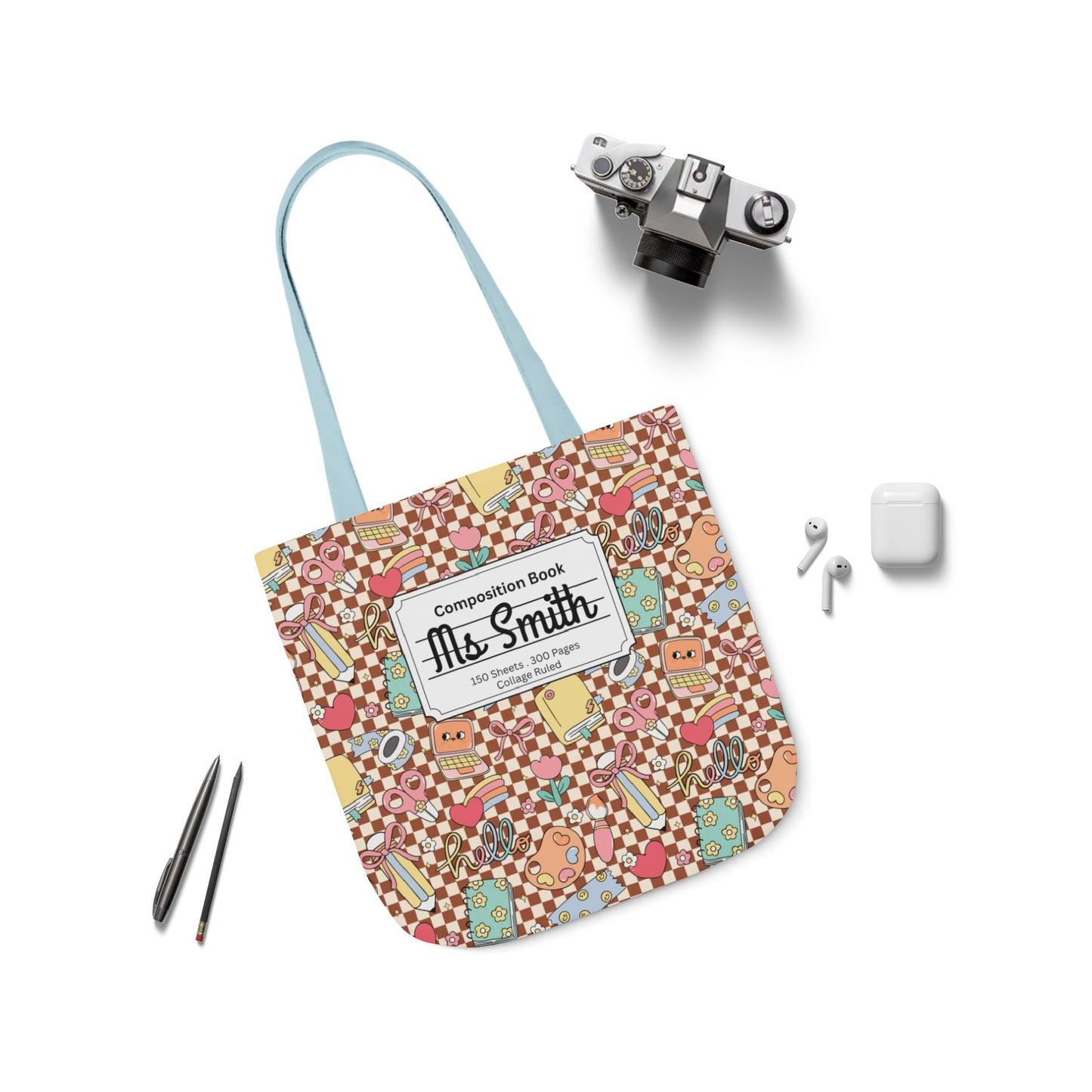 Personalized Brown Doodle Daydream Composition Book Inspired Canvas Tote Bag with Colorful Straps, Cute School Bag, Eco-Friendly Tote, Back to School Shopping Bag, Teacher Gift Idea