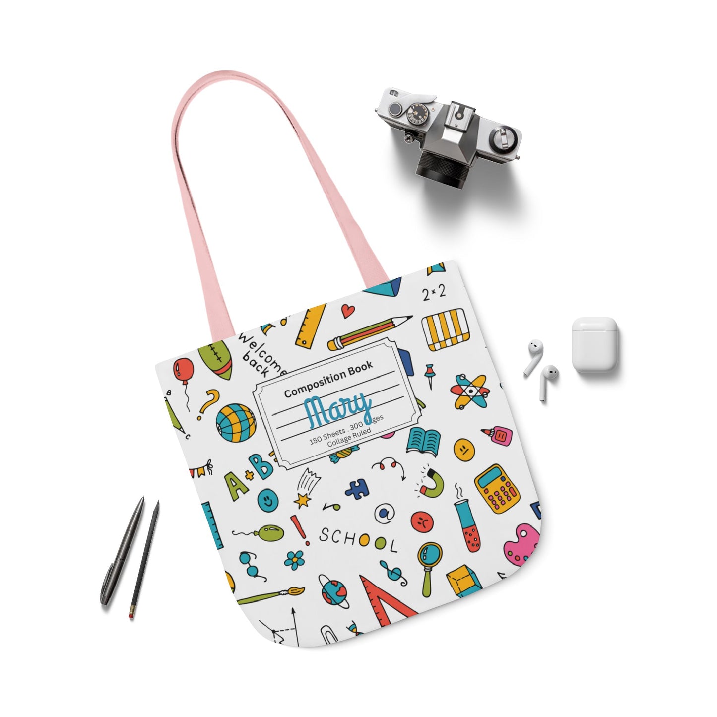 Personalized Classroom Couture Composition Book Inspired Canvas Tote Bag with Colorful Straps, Cute School Bag, Eco-Friendly Tote, Back to School Shopping Bag, Teacher Gift Idea