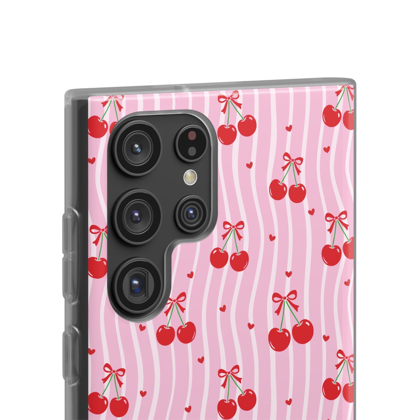 Personalized Cherry Blossom Dreams Flexi Case — Pink Retro Cherry iPhone® 7/8, 11, 12, 13, 14, 15, 16, 17, X/XS, SE, XR, Mini, Pro, Pro Max, Plus Cases.