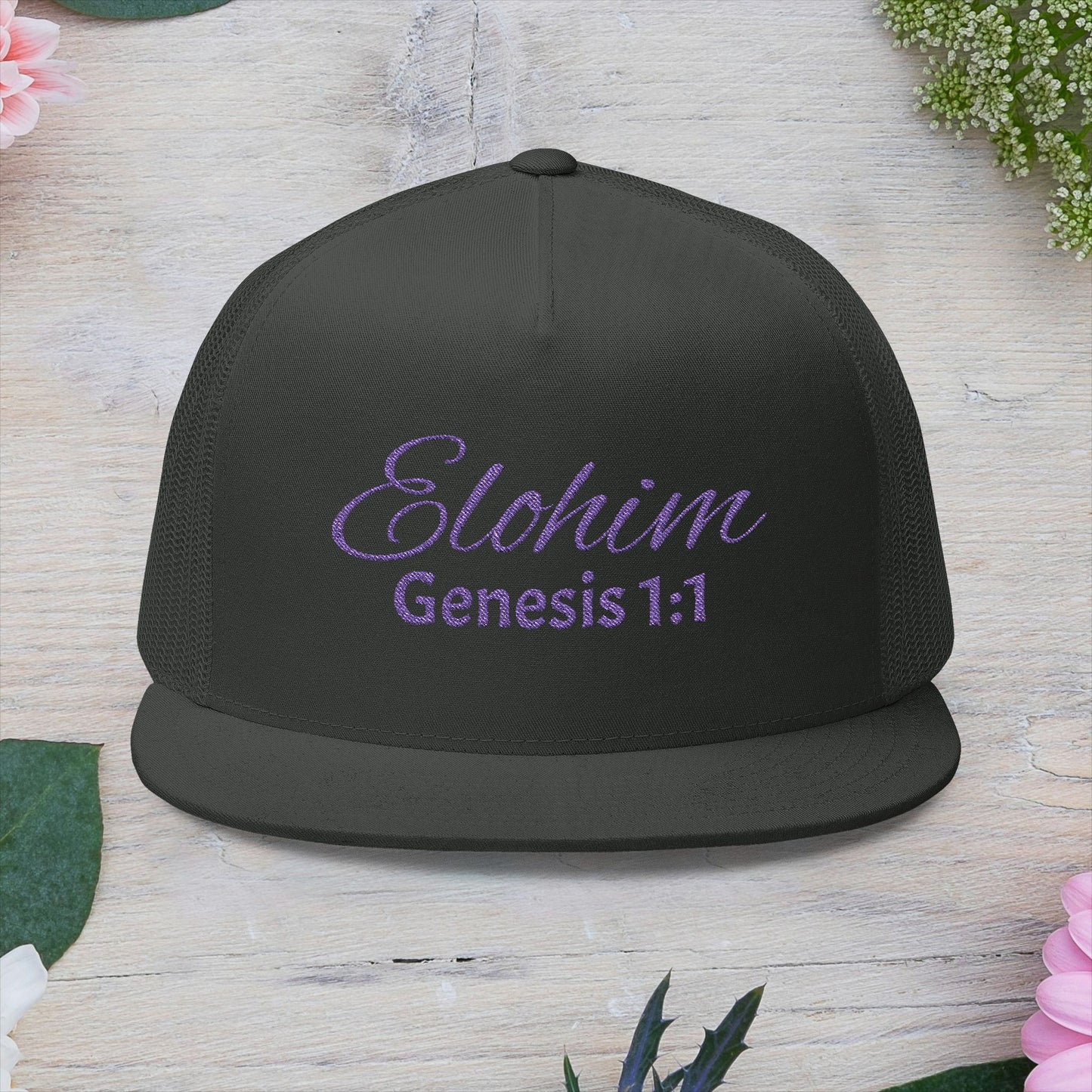 Purple 'ELOHIM, GENESIS 1:1'  Embroidered 5 Panel Trucker Cap | Casual Style Hat, Adjustable, Unisex, Perfect Gift for Outdoors, Festivals, Daily Wear