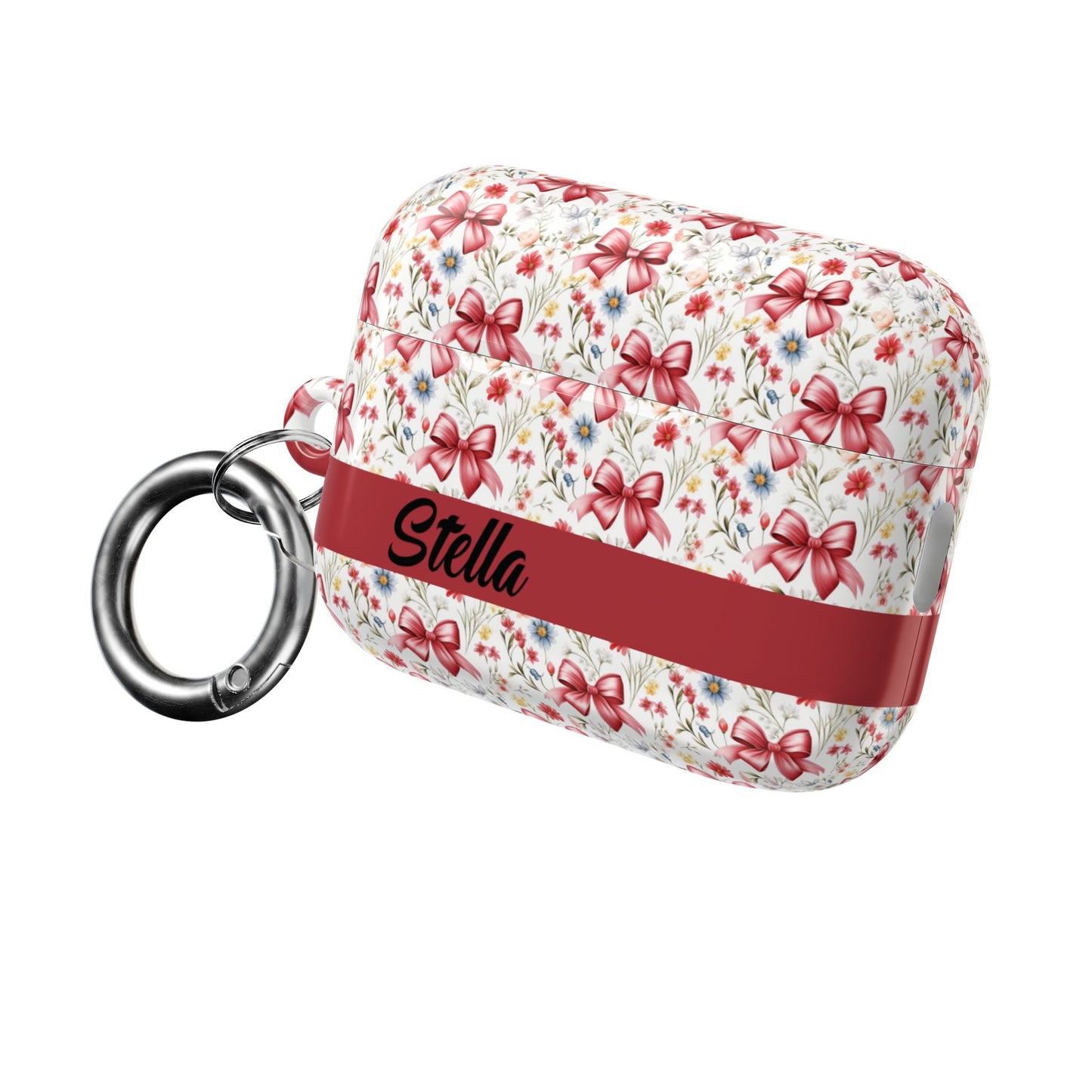 Personalized Rosette Coquette Floral AirPods Pro Gen 1, 2 and Airpods Gen 1, 2, 3, 4 Case — Red Bow Pattern with Custom Name Text.