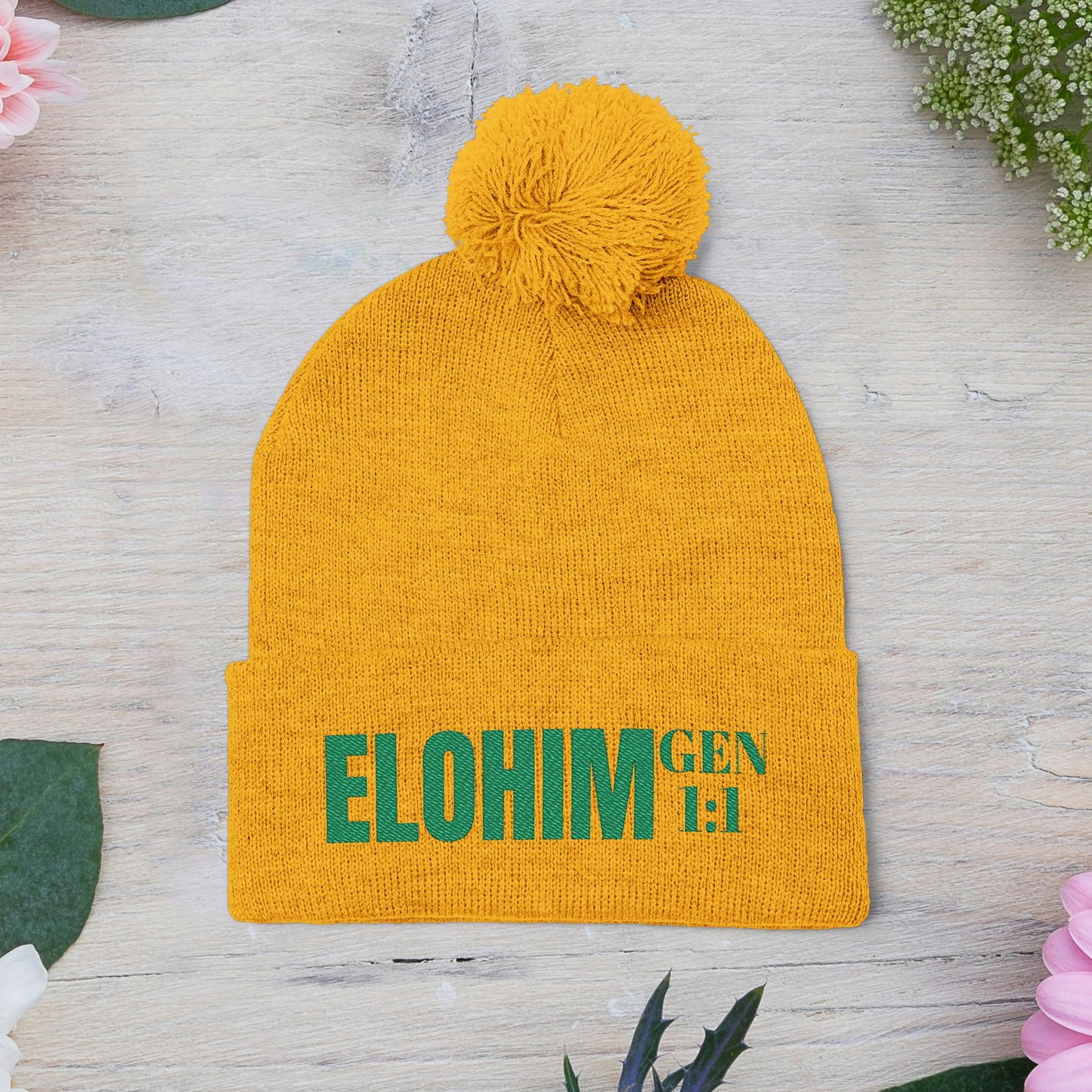 Pom-Pom Knit Cap with 'ELOHIM, GENESIS 1:1'  Embroidery Beanie - Stylish Winter Accessory for All Ages, Perfect Gift for Birthdays, Holidays, and Outdoor Activities