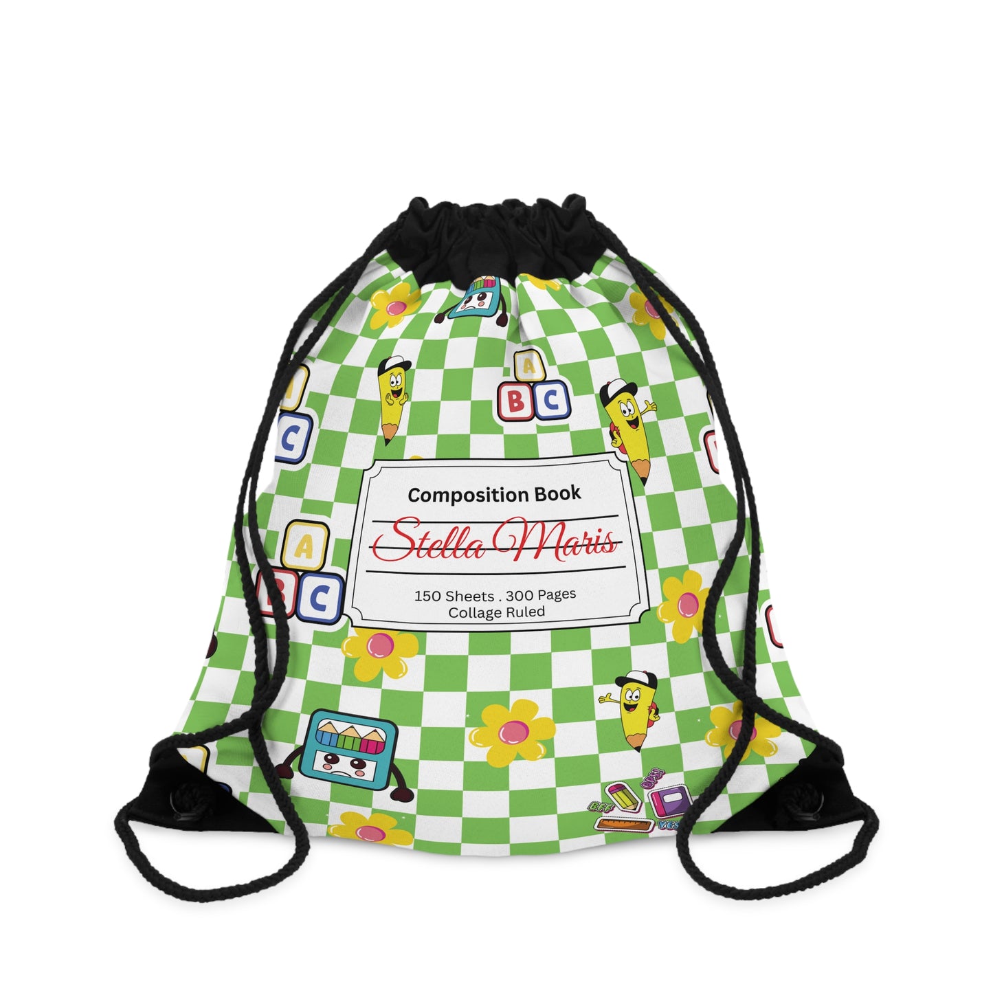 Custom Green SchoolYard Chic Composition Book Inspired Colorful plsyful icons Drawstring Bag | Personalized College Ruled Tote | Kids School Gear | Fun Gym Sack | Back to School Accessory