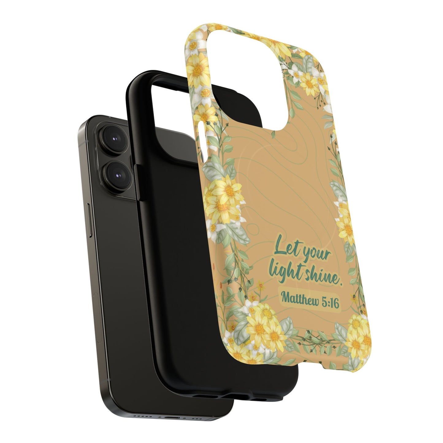 Let your Light Shine Matthew 5:16, Inspirational Gift, Tough iPhone Magnetic Case Scripture, Floral Bible Verse, MagSafe® iPhone® Tough Case, iPhone 14, iPhone 15, iPhone 16, Pro, Pro Max, Plus.