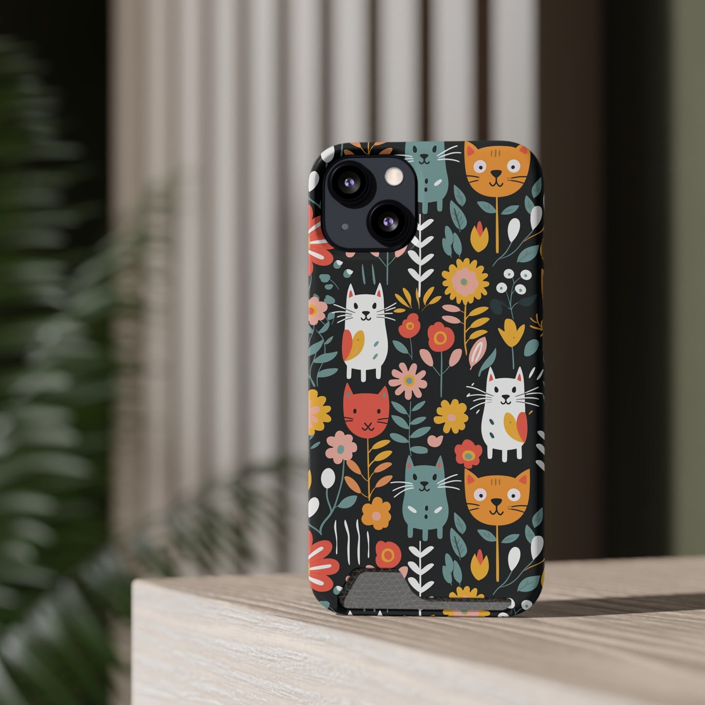 Whimsical Feline Garden iPhone and Samsung Case With Card Holder