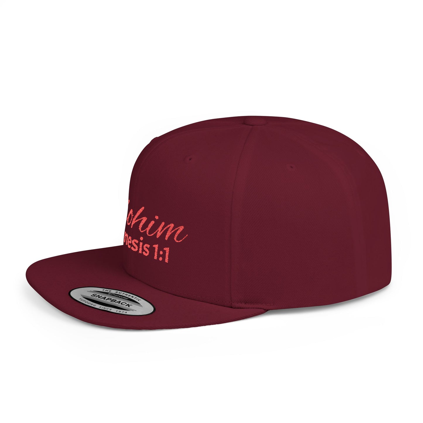 Red Embroidery 'ELOHIM, GENESIS 1:1' Flat Bill Snapback Hat, Stylish Cap for Everyday Wear, Church Events, Gift for Him/Her, Streetwear Accessory, Casual Fashion