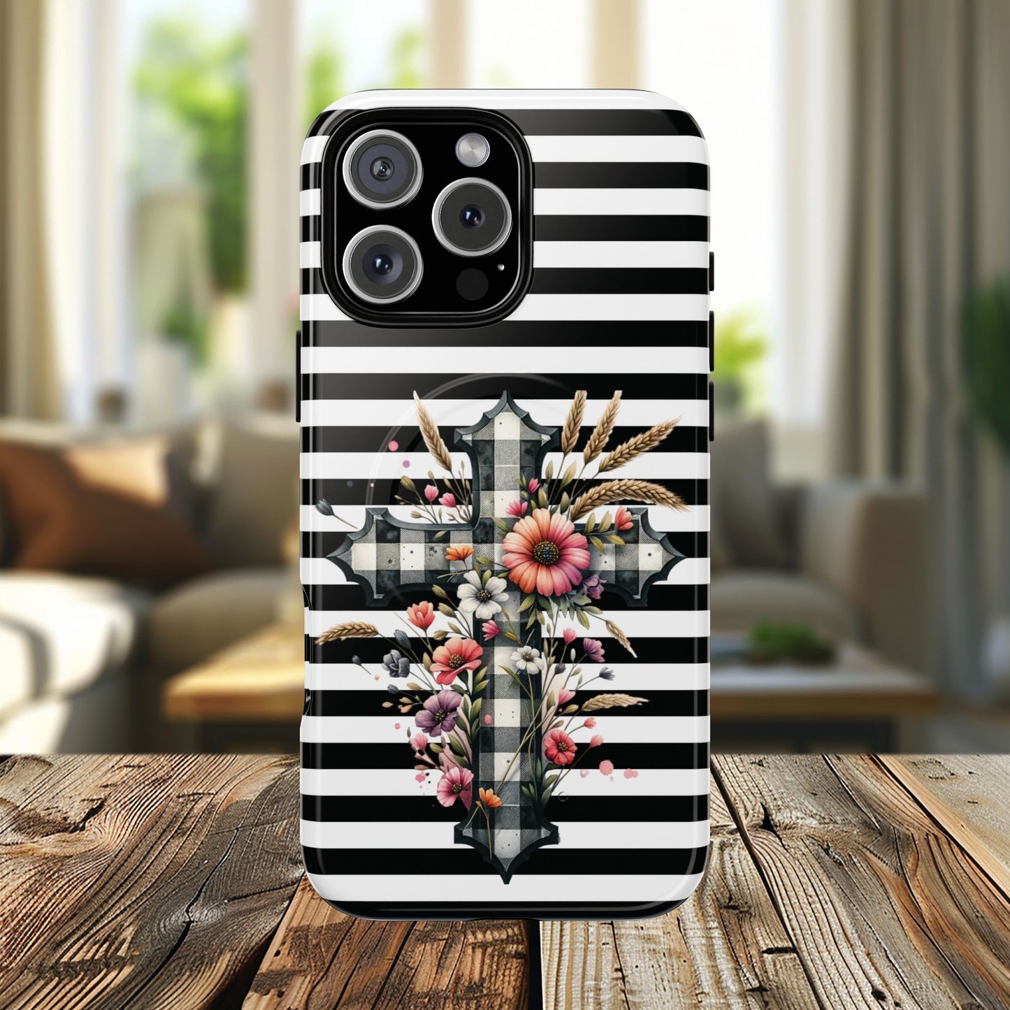 Grace in Bloom Tough Magnetic iPhone Case with Floral Cross Design, Boho iPhone Cover, Striped iPhone Case, Unique Religious Gift, Trendy Cell iPhone Accessory.