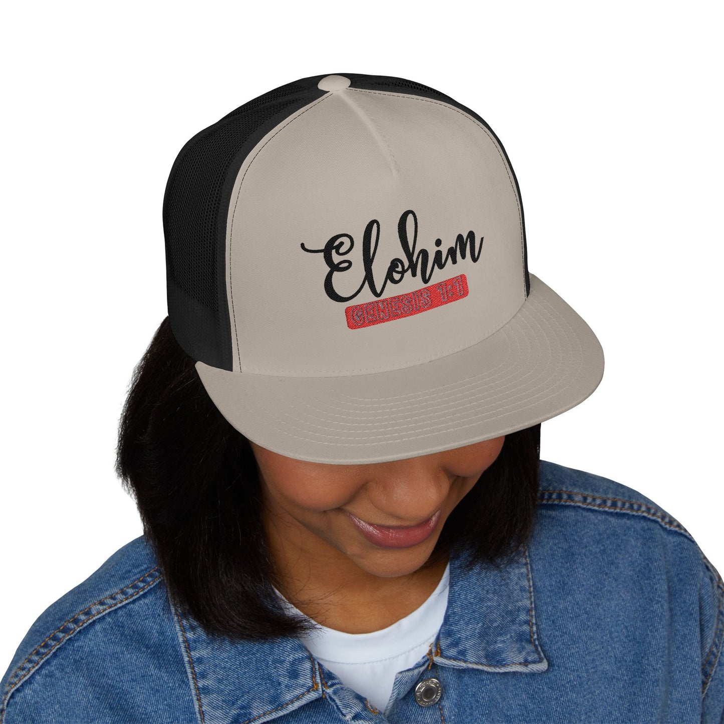 'ELOHIM, GENESIS 1:1'  Embroidered 5 Panel Trucker Cap | Casual Style Hat, Adjustable, Unisex, Perfect Gift for Outdoors, Festivals, Daily Wear