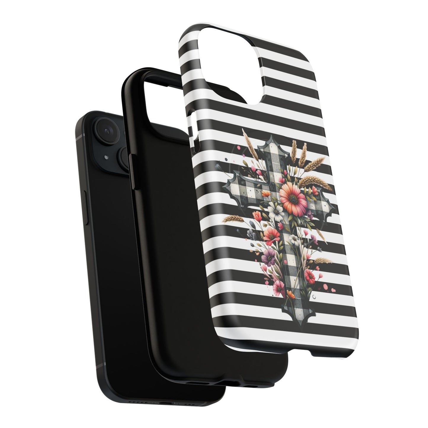 Grace in Bloom Tough Magnetic iPhone Case with Floral Cross Design, Boho iPhone Cover, Striped iPhone Case, Unique Religious Gift, Trendy Cell iPhone Accessory.