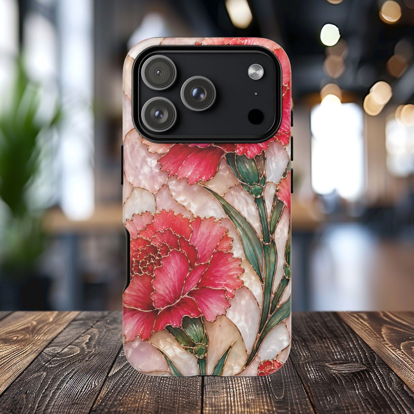 Stained Glass Effect Carnation Floral Tough Phone Case – Pink Vintage Botanical Protective Cover