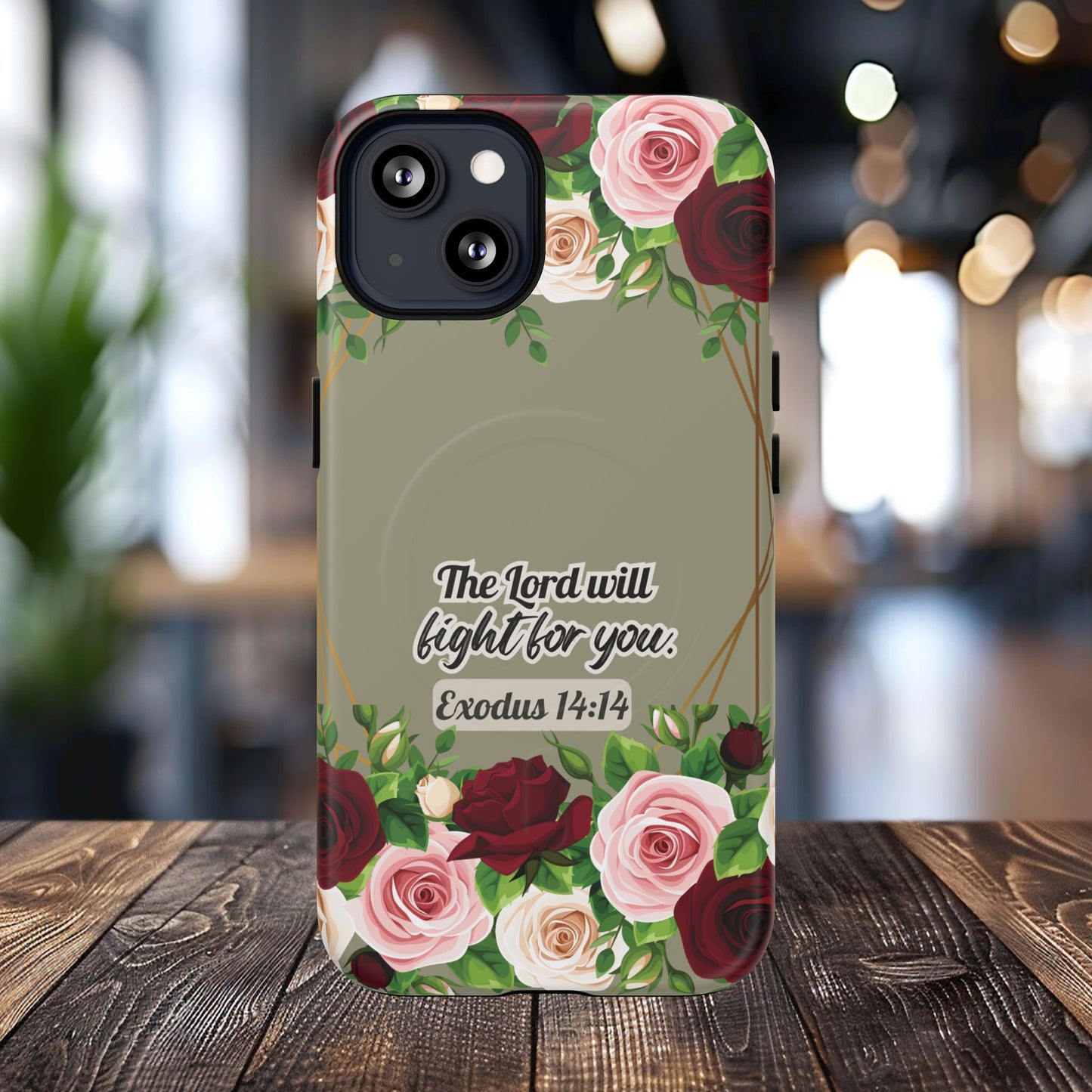 The Lord will Fight for You Exodus 14:14, Inspirational Gift, Tough iPhone Magnetic Case Scripture, Roses Bible Verse, MagSafe® iPhone® Tough Case, iPhone 14, iPhone 15, iPhone 16, Pro, Pro Max, Plus.