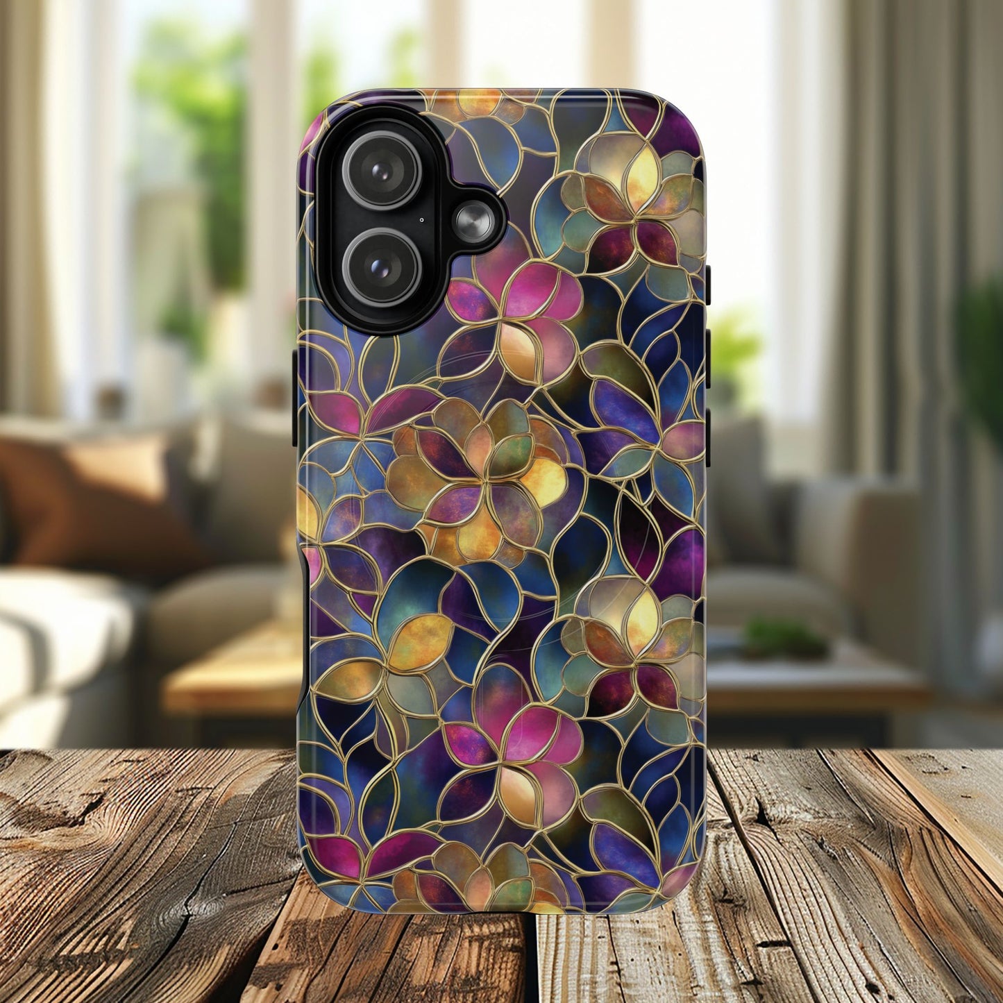 Chromatic Bloom Tough iPhone Magnetic Case, Tough iPhone Cover, Floral iPhone Accessory, Birthday Gift, Elegant Tech Decor, MagSafe Stained Glass Pattern.