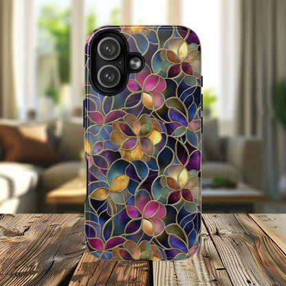 Chromatic Bloom Tough iPhone Magnetic Case, Tough iPhone Cover, Floral iPhone Accessory, Birthday Gift, Elegant Tech Decor, MagSafe Stained Glass Pattern.