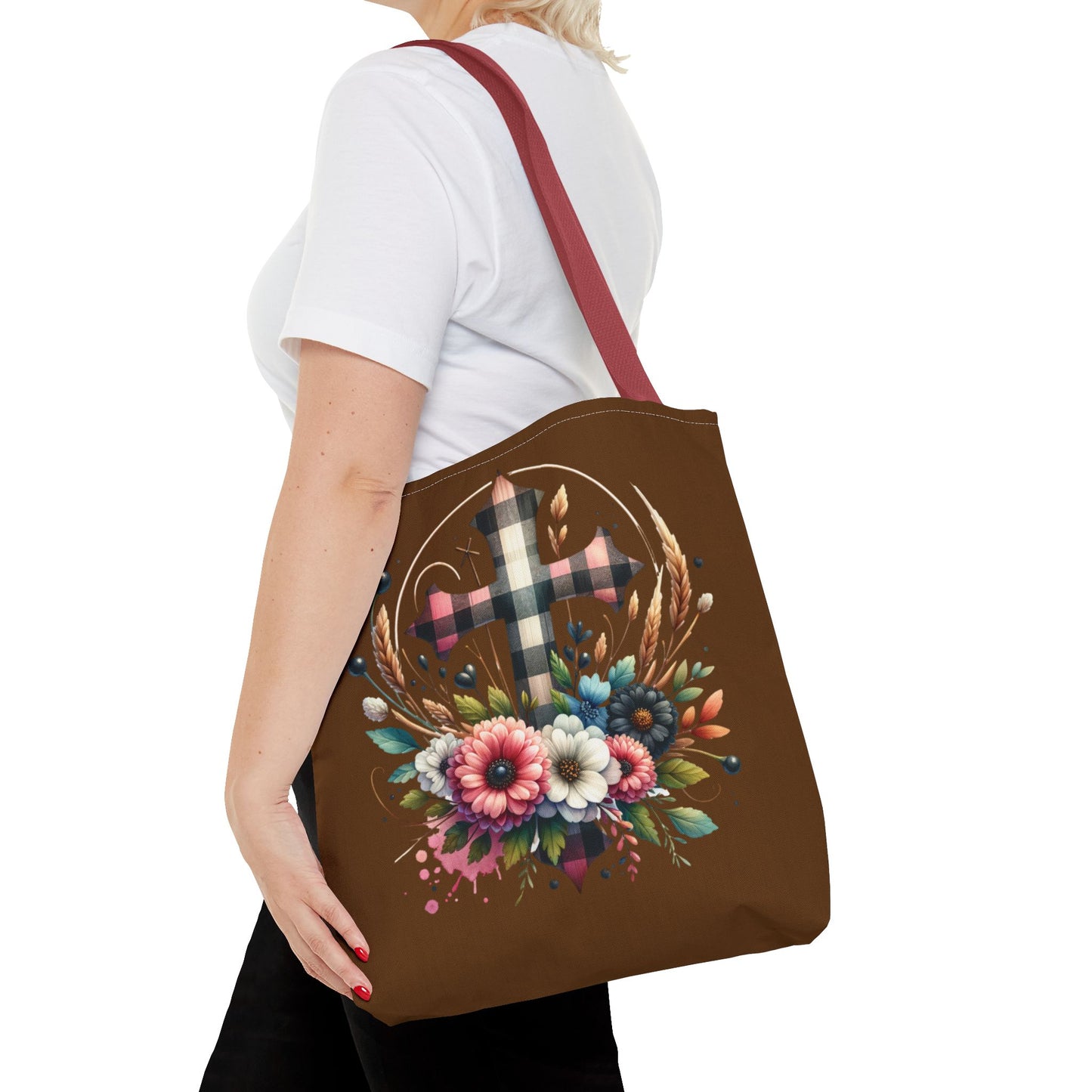 Faith and Floral Cross Heart Tote Bag