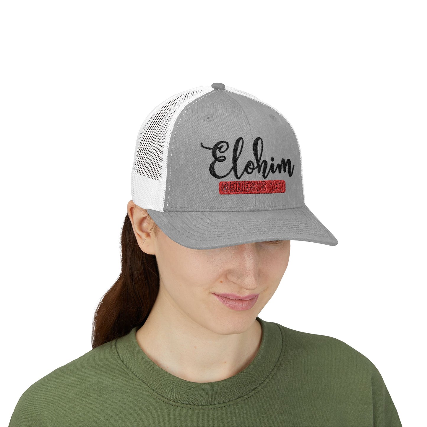 Embroidery 'ELOHIM, GENESIS 1:1' Faith Snapback Trucker Cap - Religious Hat, Stylish Accessory, Gift for Believers, Casual Wear, Outdoor Events, Faith-Based, Name of GOD.