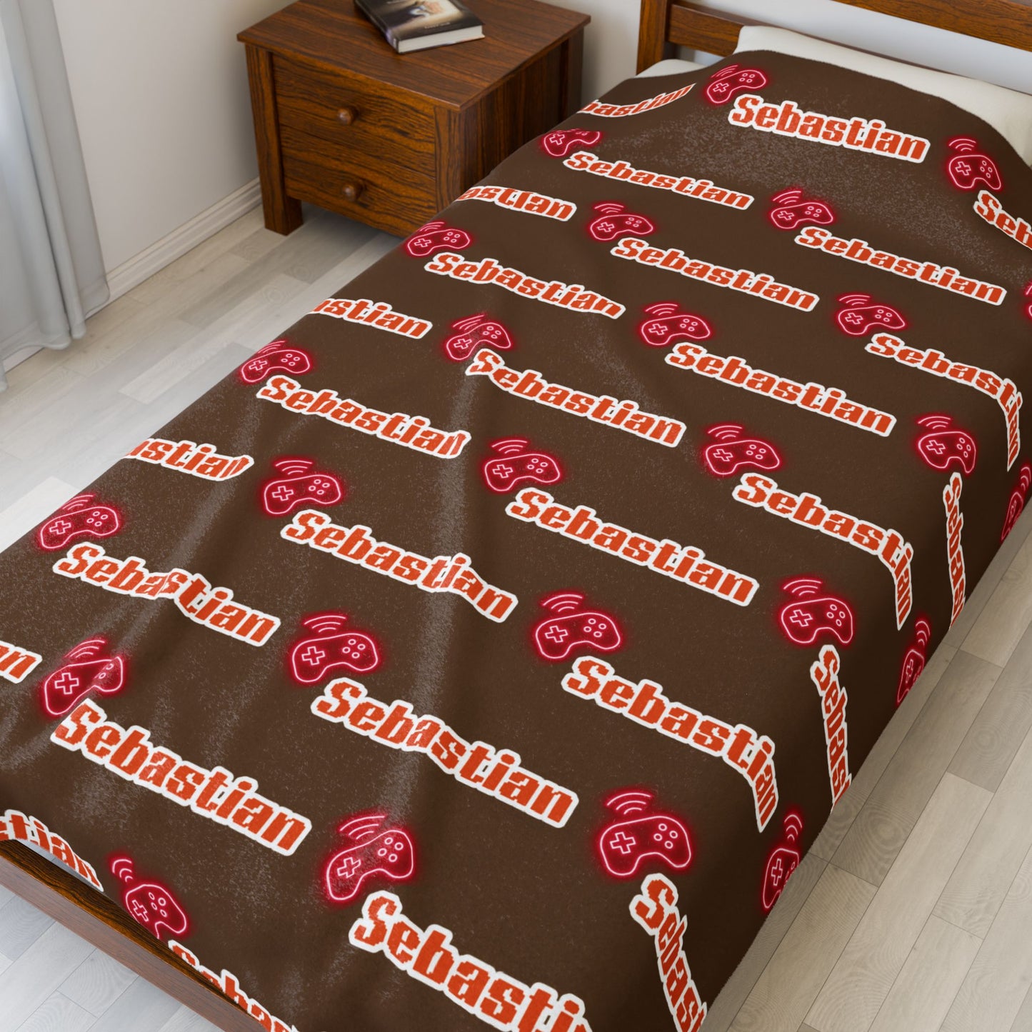 Personalized Name Velveteen Plush Blanket — Brown Retro Script Pattern Cozy Throw, Gift for Her, Gift for Him.