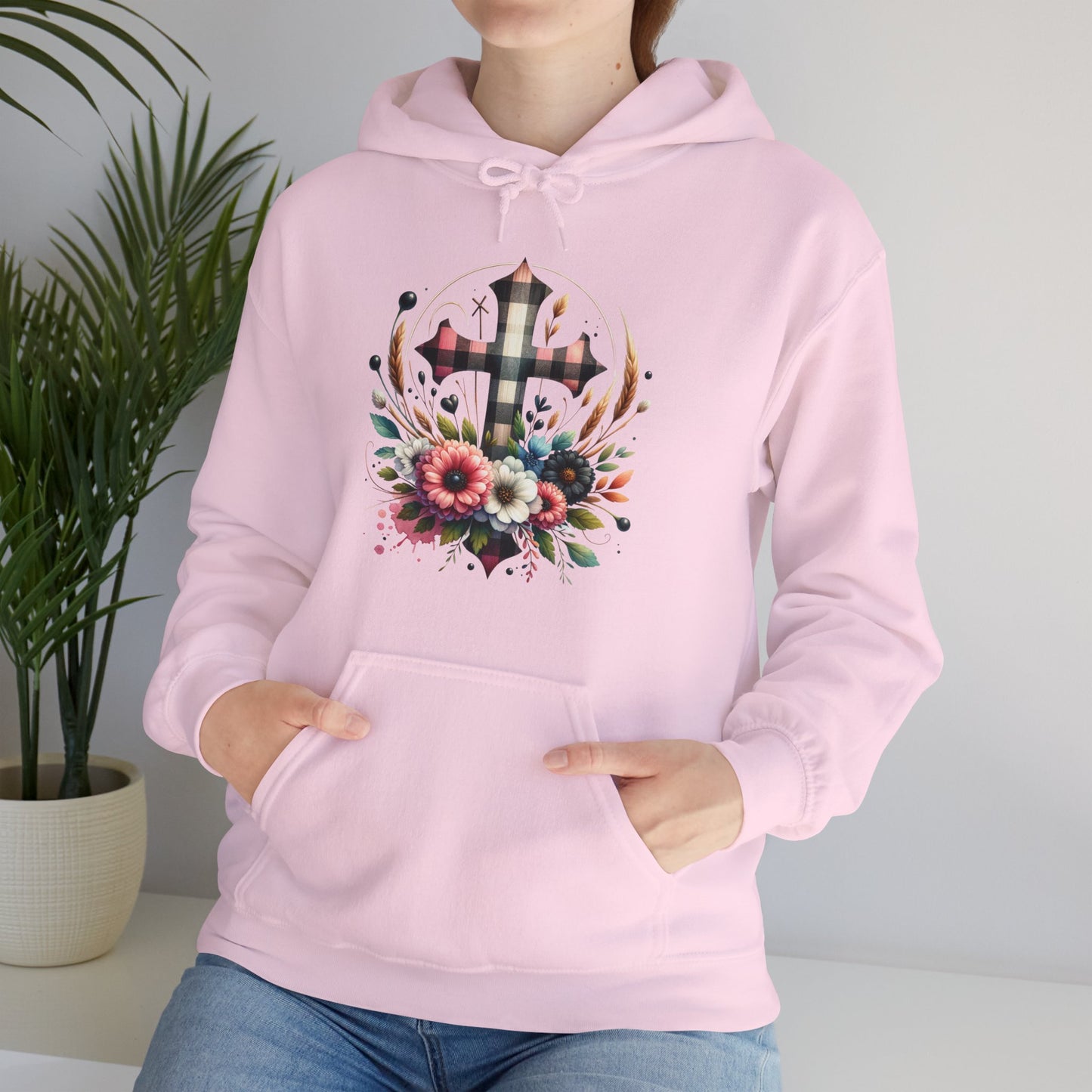 Faith and Floral Cross Unisex Heavy Blend™ Gildan Hooded Sweatshirt.