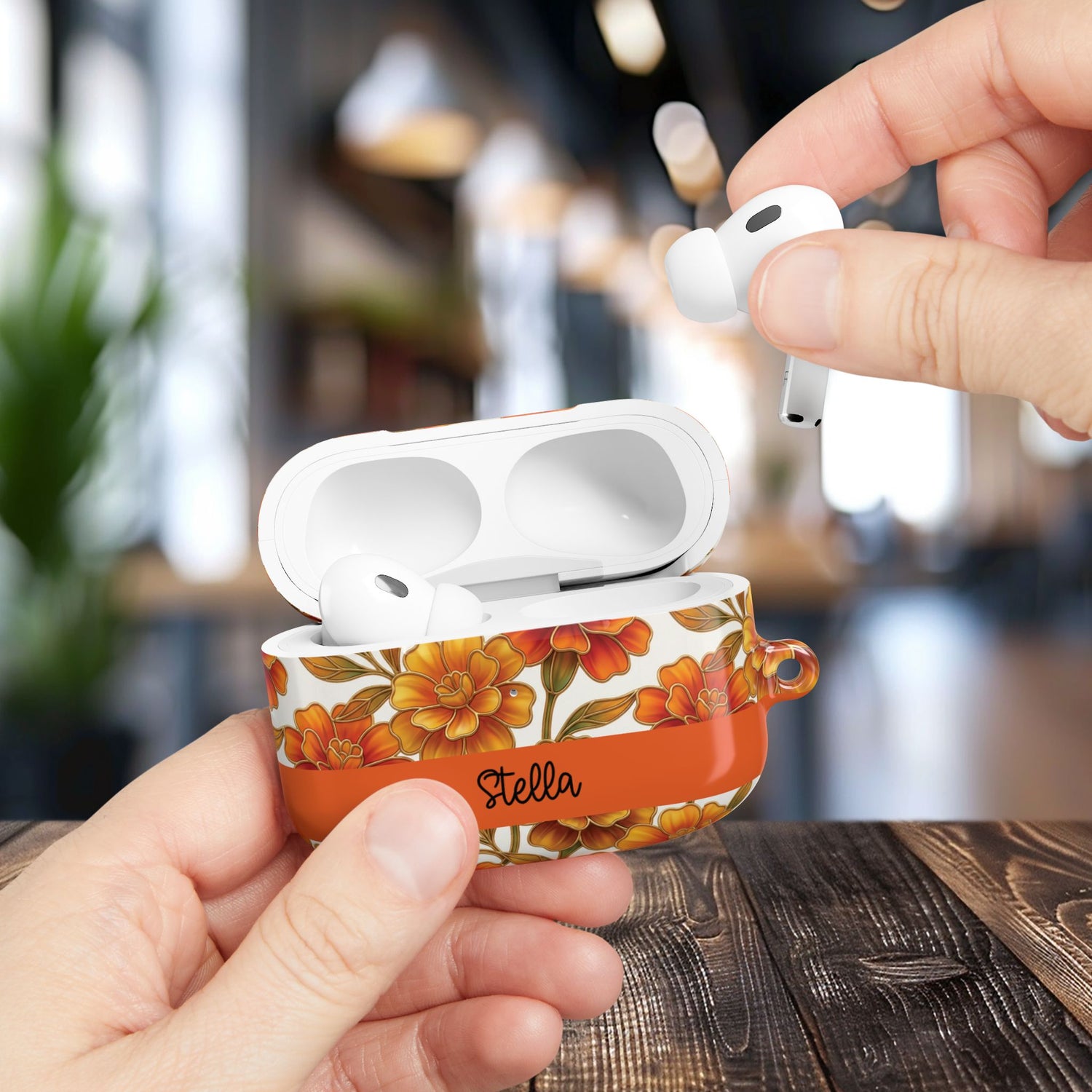 Stained Glass Effect Floral Orange Marigold AirPod Case — Personalized Name Option