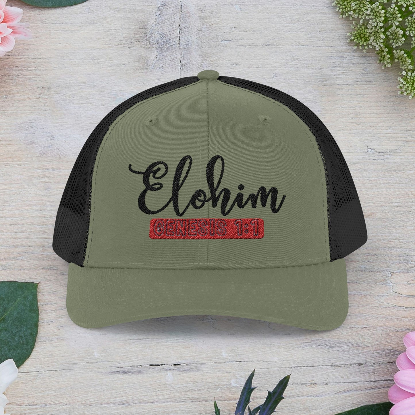 Embroidery 'ELOHIM, GENESIS 1:1' Faith Snapback Trucker Cap - Religious Hat, Stylish Accessory, Gift for Believers, Casual Wear, Outdoor Events, Faith-Based, Name of GOD.