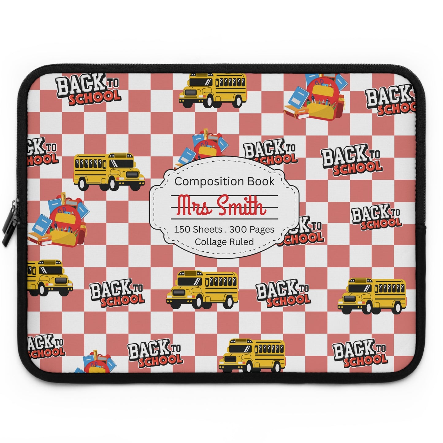 Personalized Red SchoolYard Chic Laptop Sleeve with Composition Book Inspired Design, Customizable Tech Case, School Supplies, Gift for Students, College Essentials, Back to School