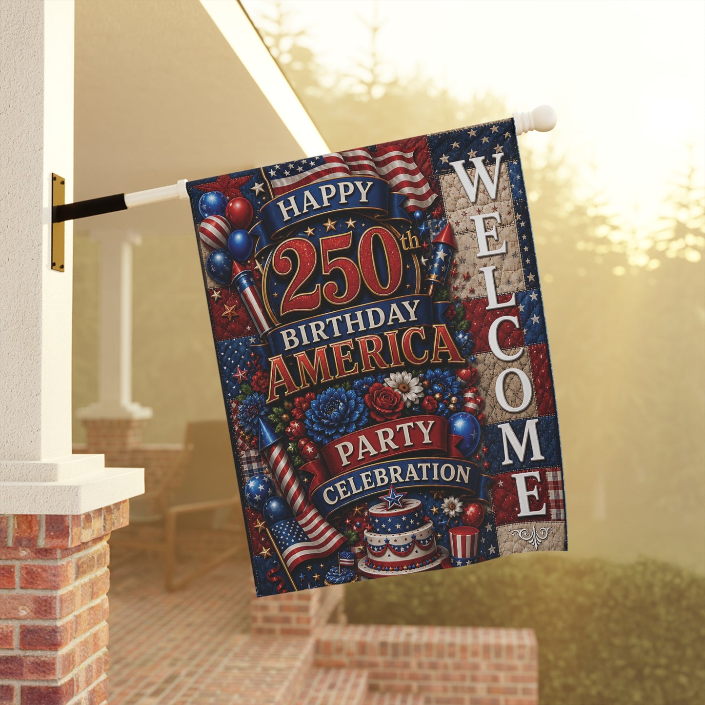 Welcome 250th Birthday America Garden Flag — Patriotic Party Celebration Banner