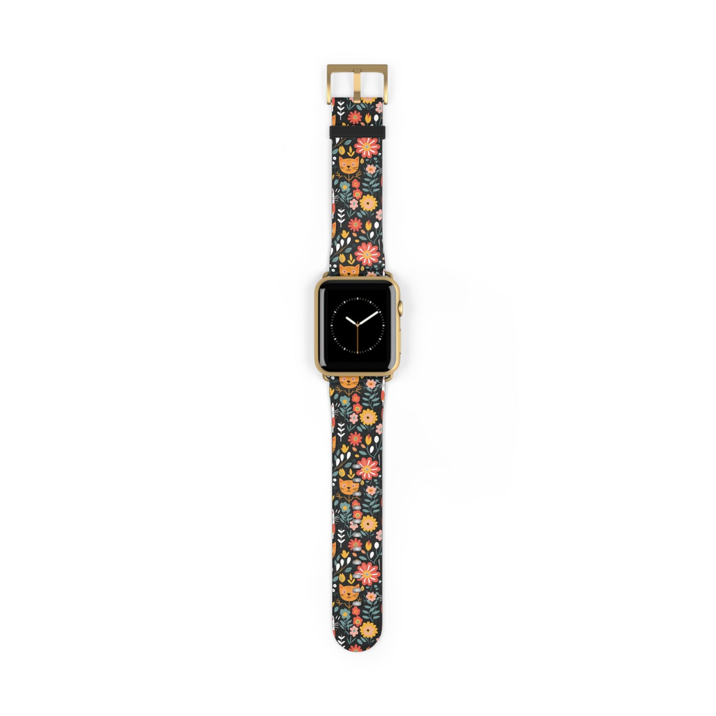 Whimsical Feline Garden Print Watch Band for Apple Watch - Cute Animal Design.