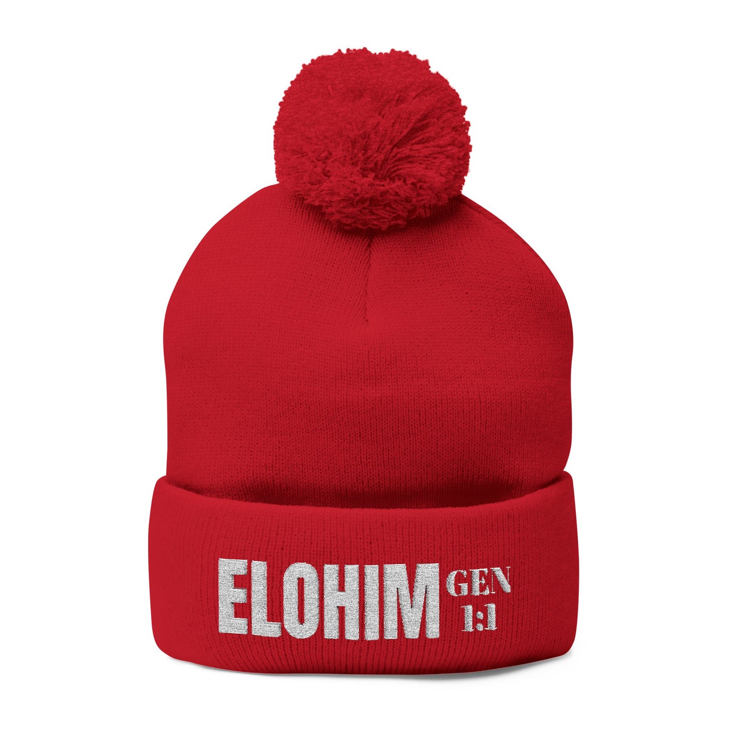 Pom-Pom Knit Cap with 'ELOHIM, GENESIS 1:1'  Embroidery Beanie - Stylish Winter Accessory for All Ages, Perfect Gift for Birthdays, Holidays, and Outdoor Activities