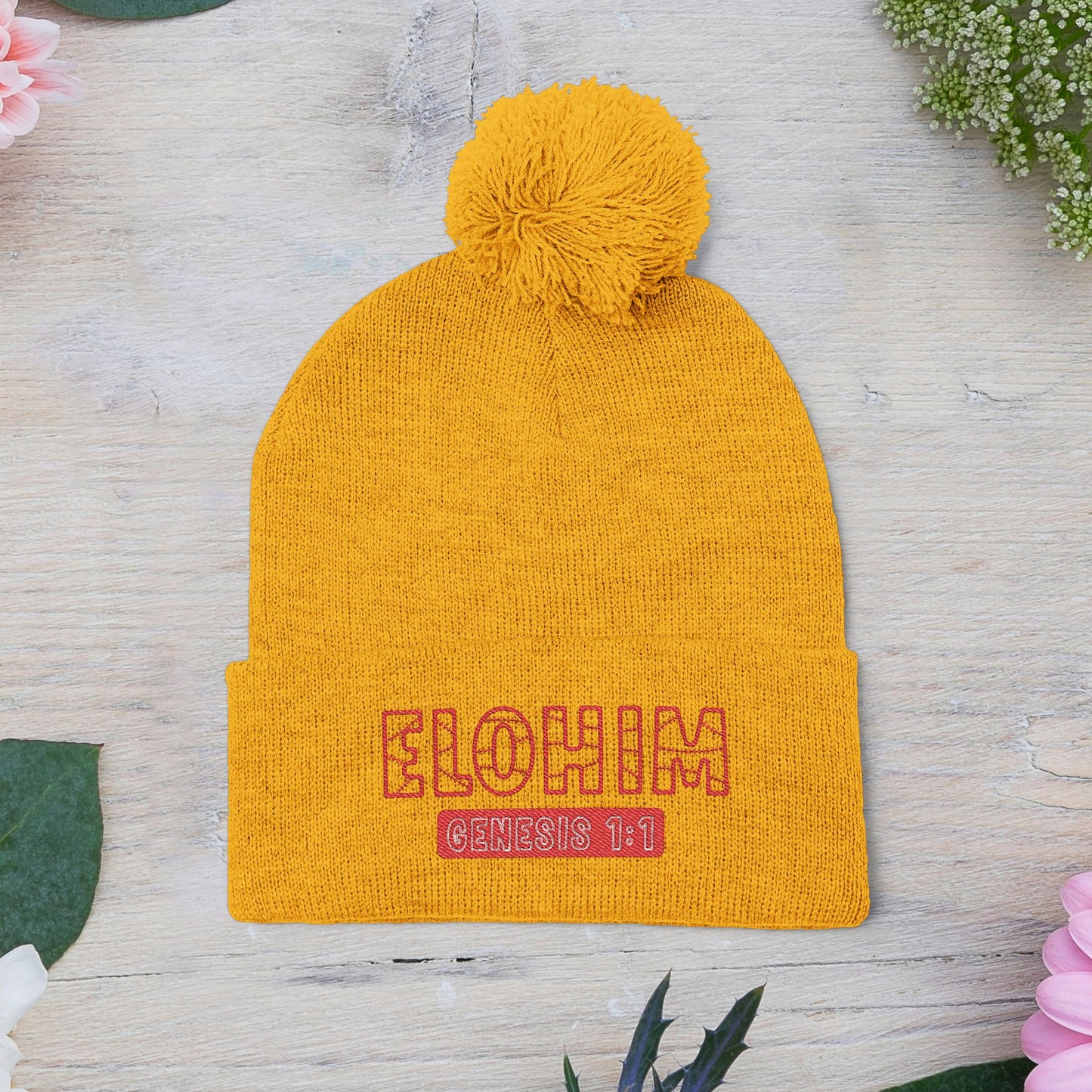 Red Pom-Pom Knit Cap with 'ELOHIM, GENESIS 1:1'  Embroidery Beanie - Stylish Winter Accessory for All Ages, Perfect Gift for Birthdays, Holidays, and Outdoor Activities