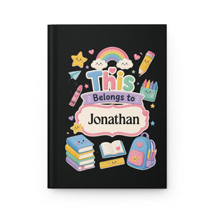 Personalized Kids Black Hardcover Notebook — "This Belongs to [Name]" Cute School Notebook/Back to School