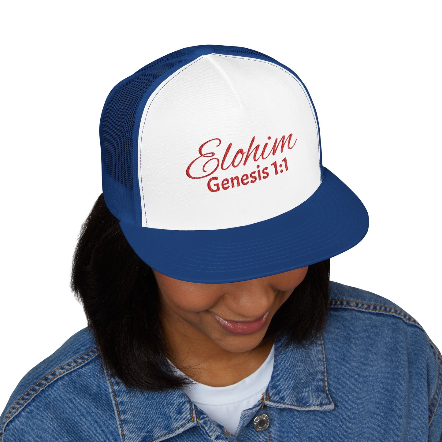 Red 'ELOHIM, GENESIS 1:1'  Embroidered 5 Panel Trucker Cap | Casual Style Hat, Adjustable, Unisex, Perfect Gift for Outdoors, Festivals, Daily Wear