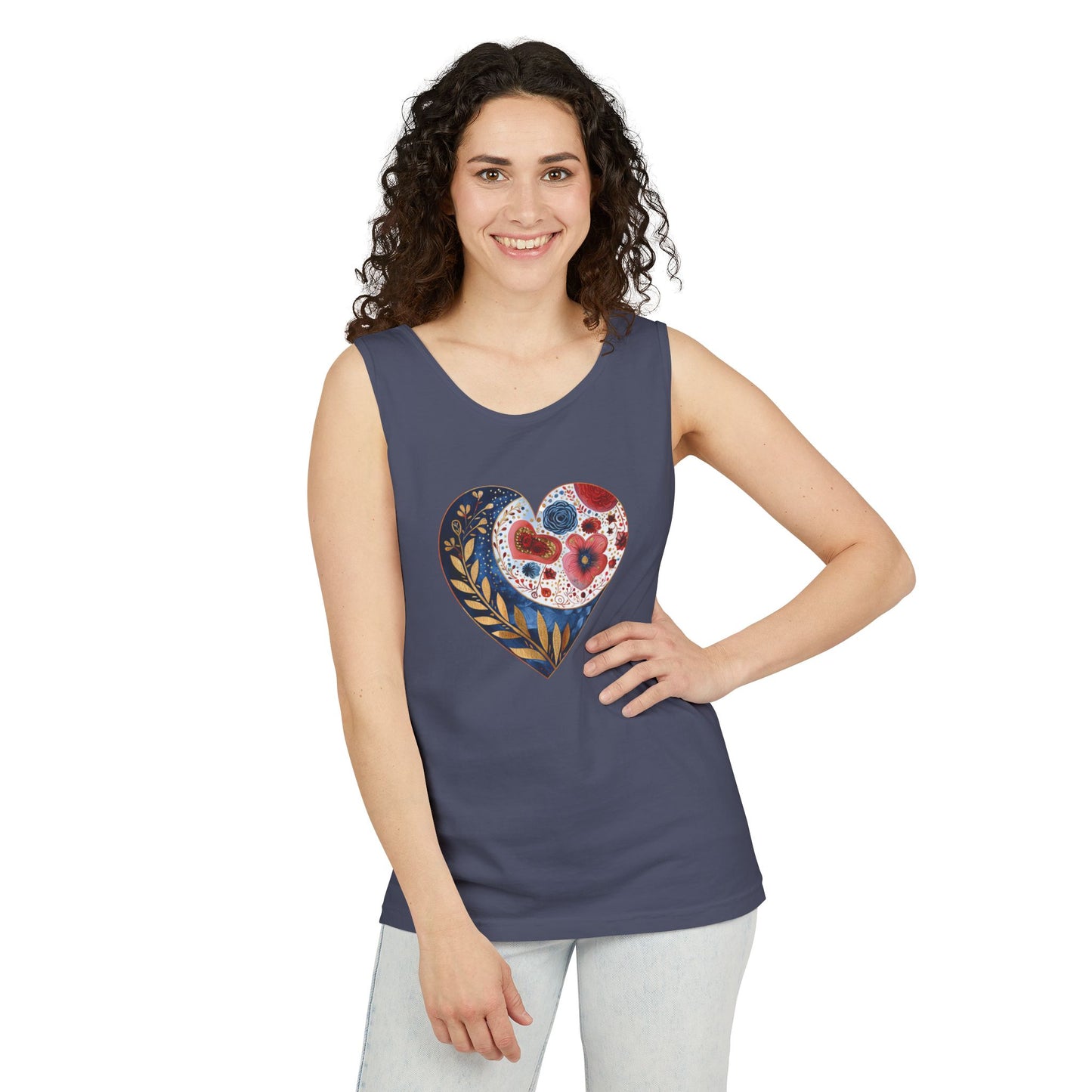 Floral Hearts Unisex Garment-Dyed Tank Top