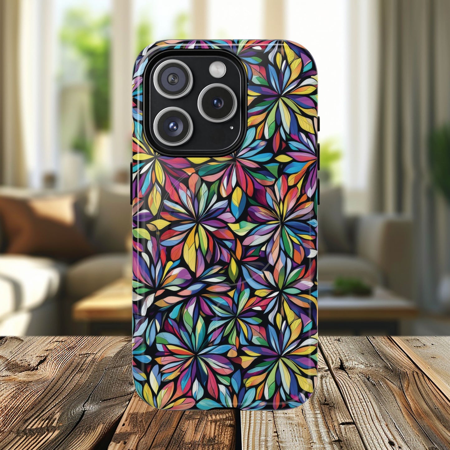 Prism Petal Burst Tough Magnetic iPhone Case, Colorful iPhone Case, Unique Gift for Flower Lovers, Stylish stained Glass Accessory