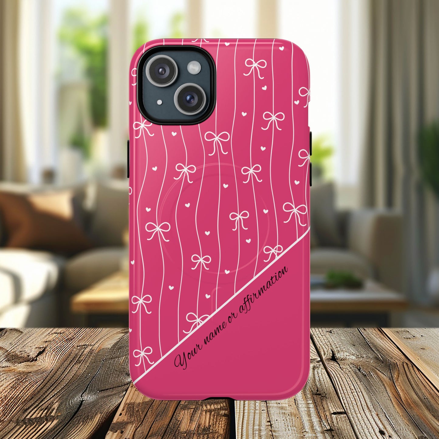 Pink Bow Coquette Magnetic Tough Magnetic MagSafe®  Case — (Add Name or Affirmation)-iPhone® 13, 14, iPhone 15, iPhone 16, iPhone 17, Pro, Pro Max, Plus Cases.