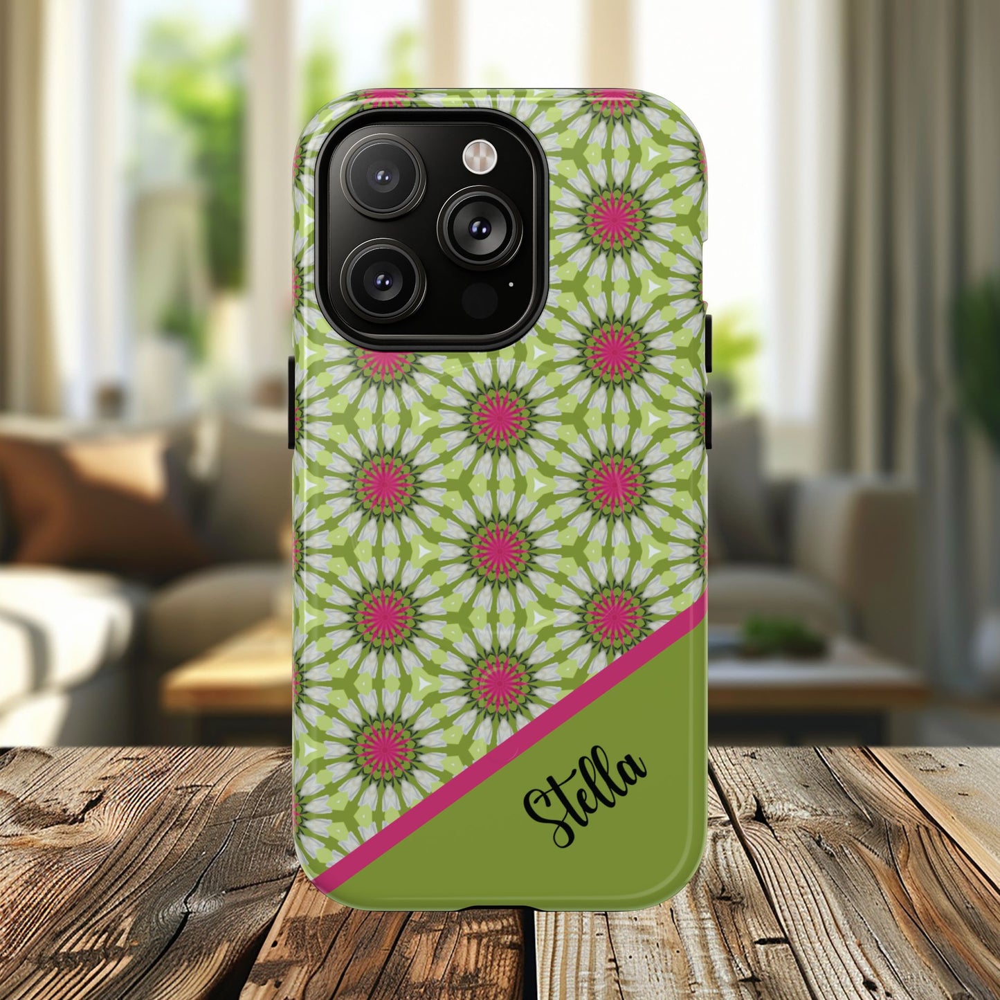 Personalized Meadow Mandala Bloom Vibrant Flower  — Green & Pink Geometric Daisy Design