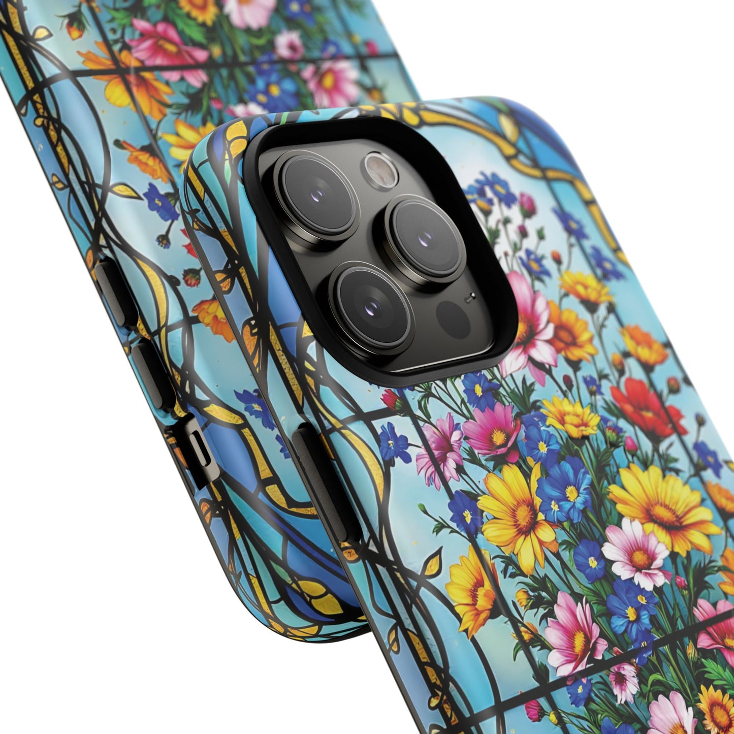 Floral Stained Glass Tough Magnetic Case, Durable Phone Cover, Gift for Nature Lovers, Unique Floral Design, Phone Accessories for All Occasions.