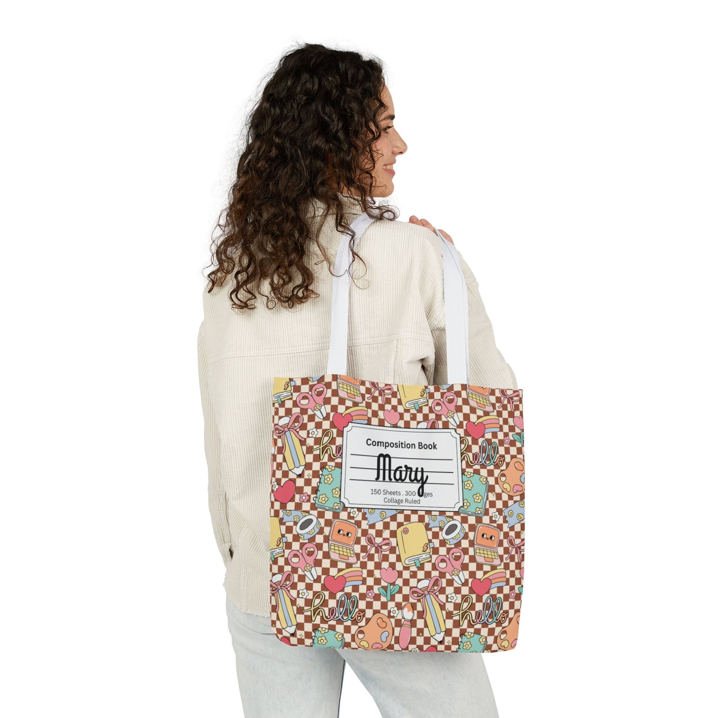 Personalized Brown Doodle Daydream Composition Book Inspired Canvas Tote Bag with Colorful Straps, Cute School Bag, Eco-Friendly Tote, Back to School Shopping Bag, Teacher Gift Idea