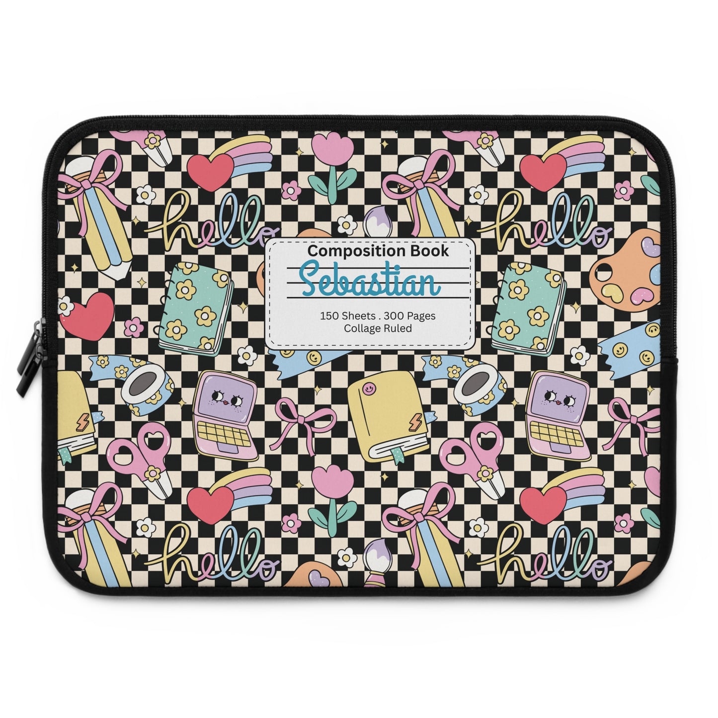 Personalized Black Doodle Daydream Laptop Sleeve with Composition Book Inspired Design, Customizable Tech Case, School Supplies, Gift for Students, College Essentials, Back to School