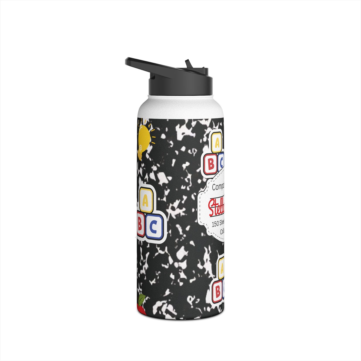 Personalized Black Composition Book Inspired Stainless Steel Water Bottle for Kids, School Supplies, Eco-Friendly Drinkware, Back to School, Teacher Gifts
