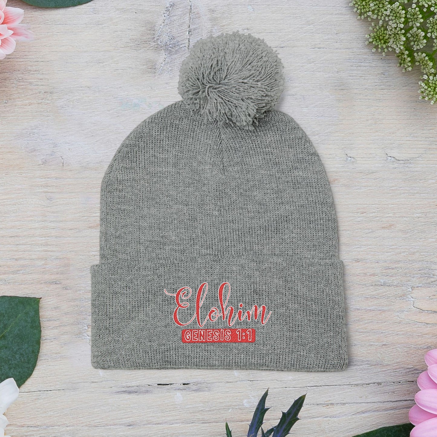 Red Pom-Pom Knit Cap with 'ELOHIM, GENESIS 1:1'  Embroidery Beanie - Stylish Winter Accessory for All Ages, Perfect Gift for Birthdays, Holidays, and Outdoor Activities