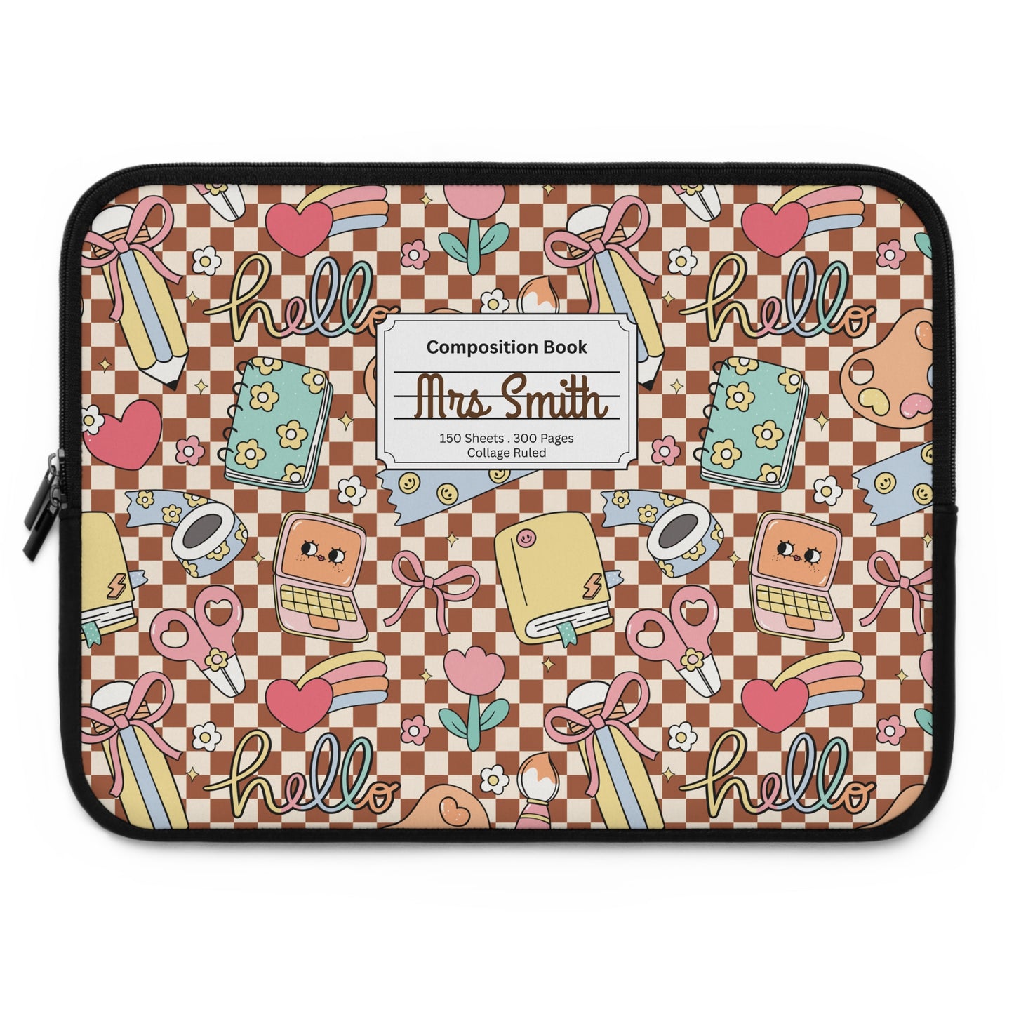 Personalized Brown Doodle Daydream Laptop Sleeve with Composition Book Inspired Design, Customizable Tech Case, School Supplies, Gift for Students, College Essentials, Back to School