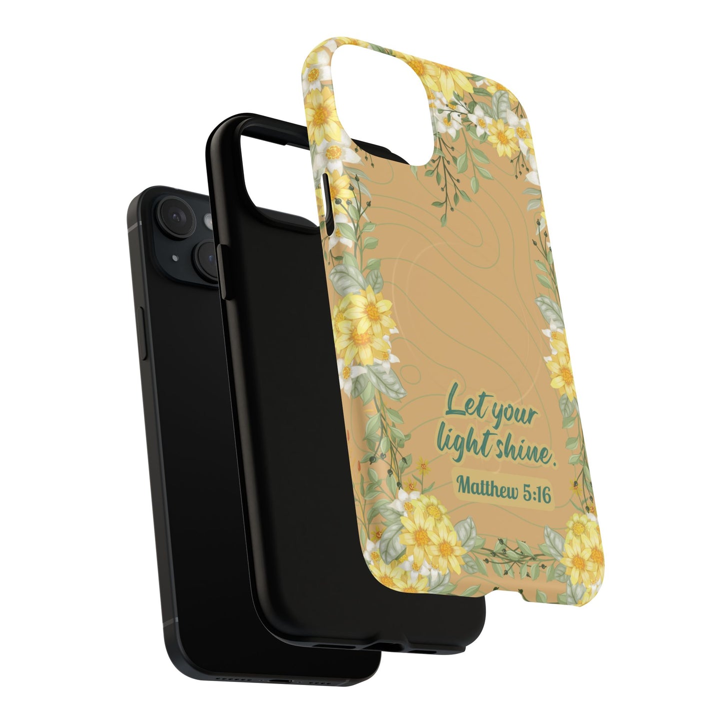 Let your Light Shine Matthew 5:16, Inspirational Gift, Tough iPhone Magnetic Case Scripture, Floral Bible Verse, MagSafe® iPhone® Tough Case, iPhone 14, iPhone 15, iPhone 16, Pro, Pro Max, Plus.