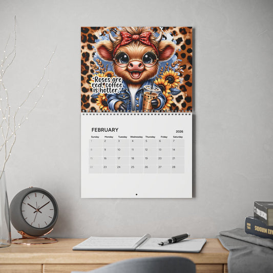 2026 Cute Sassy Highland Cow Wall Calendar – "New Year, Same Caffeinated Queen"
