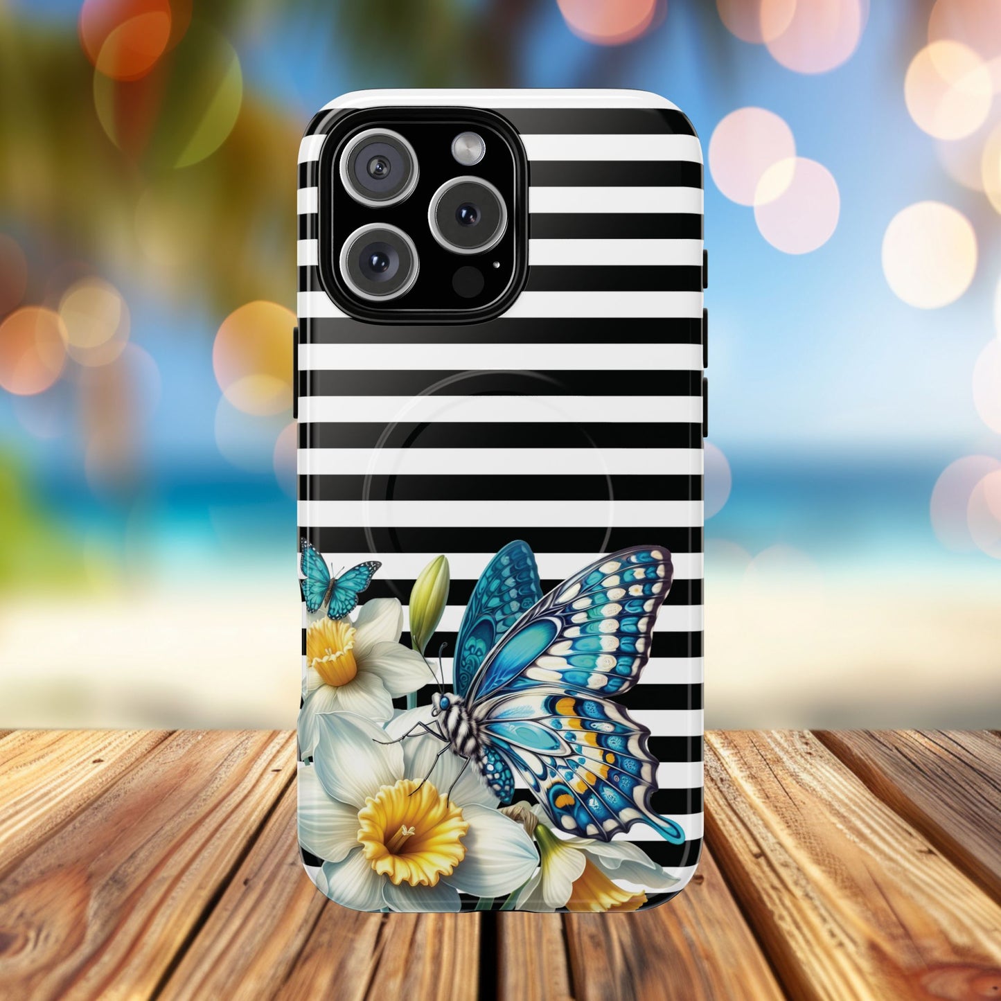 Daffodil Flutter Tough iPhone Magnetic Case, Floral iPhone Accessories, Stylish iPhone Cover, Black Striped Design, Gift for Her, Trendy iPhone
