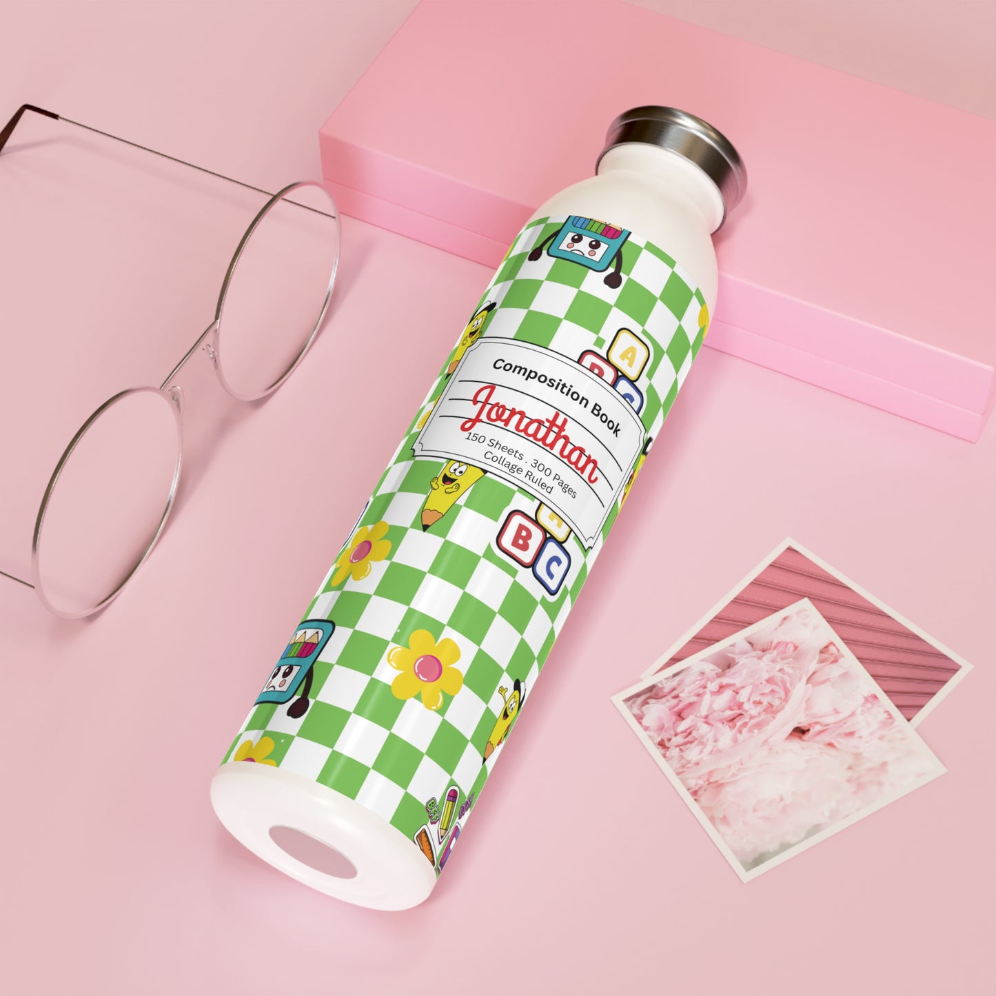 Personalized Green SchoolYard Chic Composition Book Inspired Slim Water Bottle, Customizable Drinkware, Eco-Friendly Hydration Bottle, Perfect for Gifts, School Supplies, Back to School