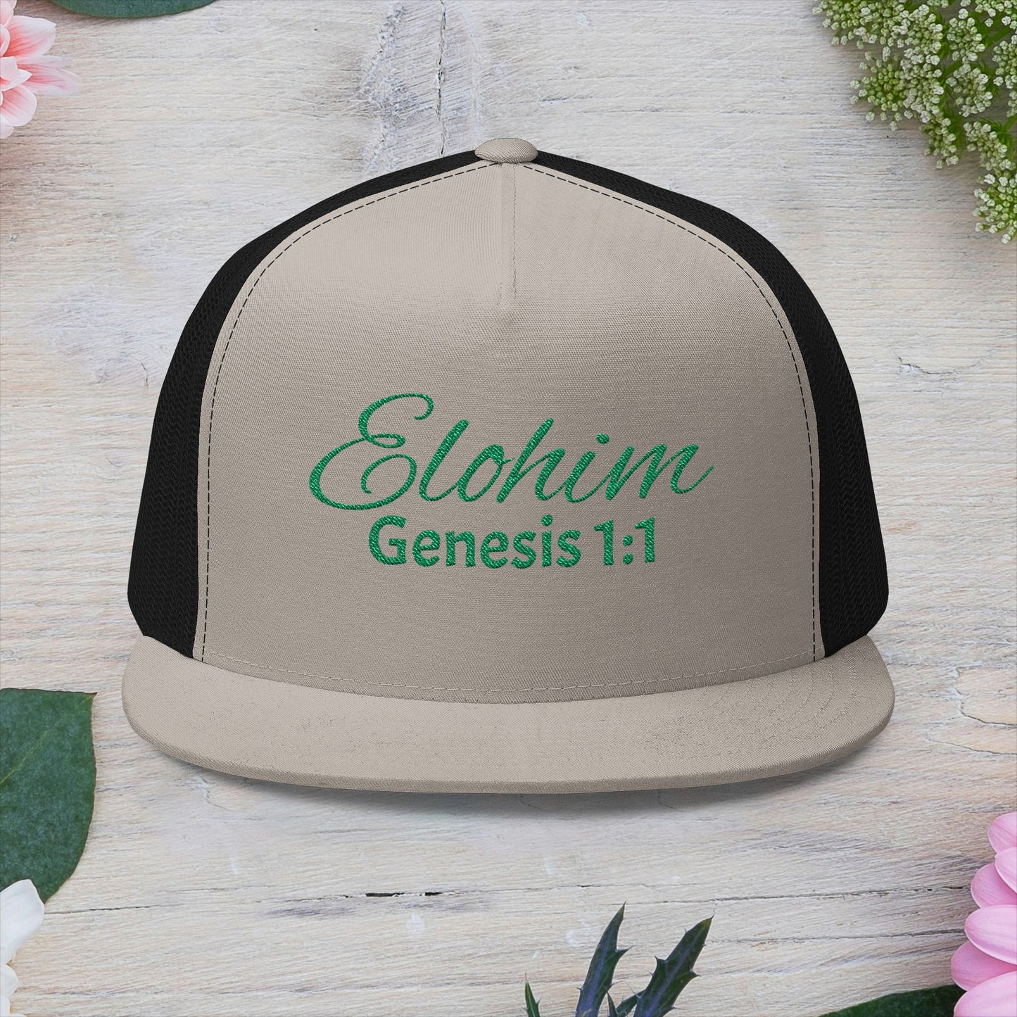 Green 'ELOHIM, GENESIS 1:1'  Embroidered 5 Panel Trucker Cap | Casual Style Hat, Adjustable, Unisex, Perfect Gift for Outdoors, Festivals, Daily Wear
