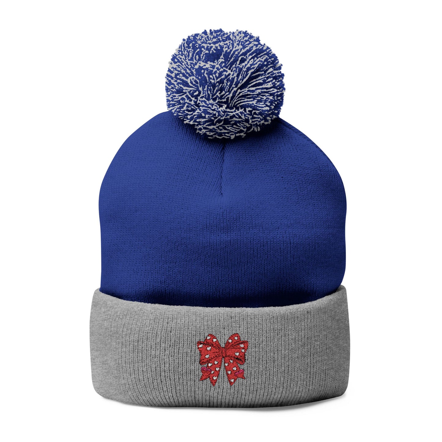 Cozy Pom-Pom Coquette Knit Cap with Embroidered Red Bow