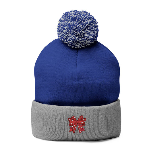 Cozy Pom-Pom Coquette Knit Cap with Embroidered Red Bow