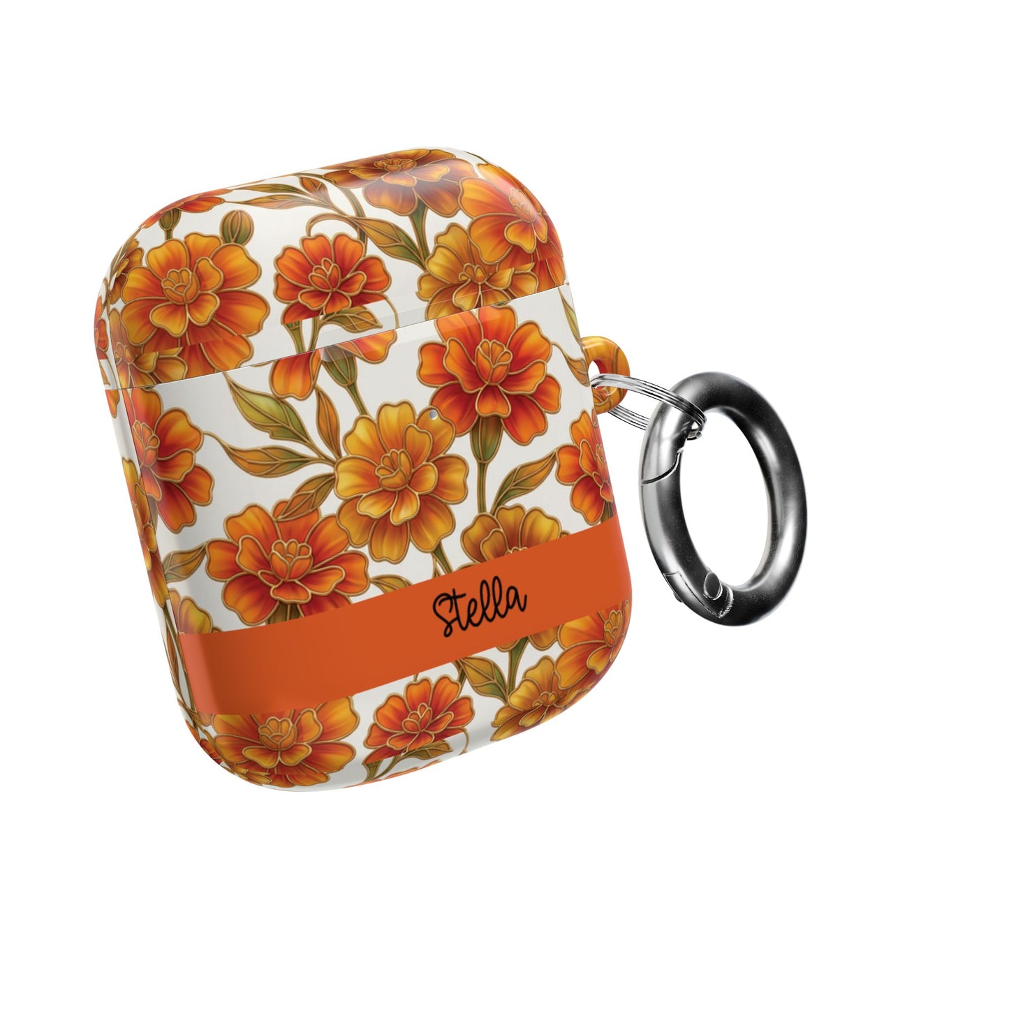 Stained Glass Effect Floral Orange Marigold AirPod Case — Personalized Name Option
