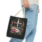 Faith and Floral Cross Heart Tote Bag