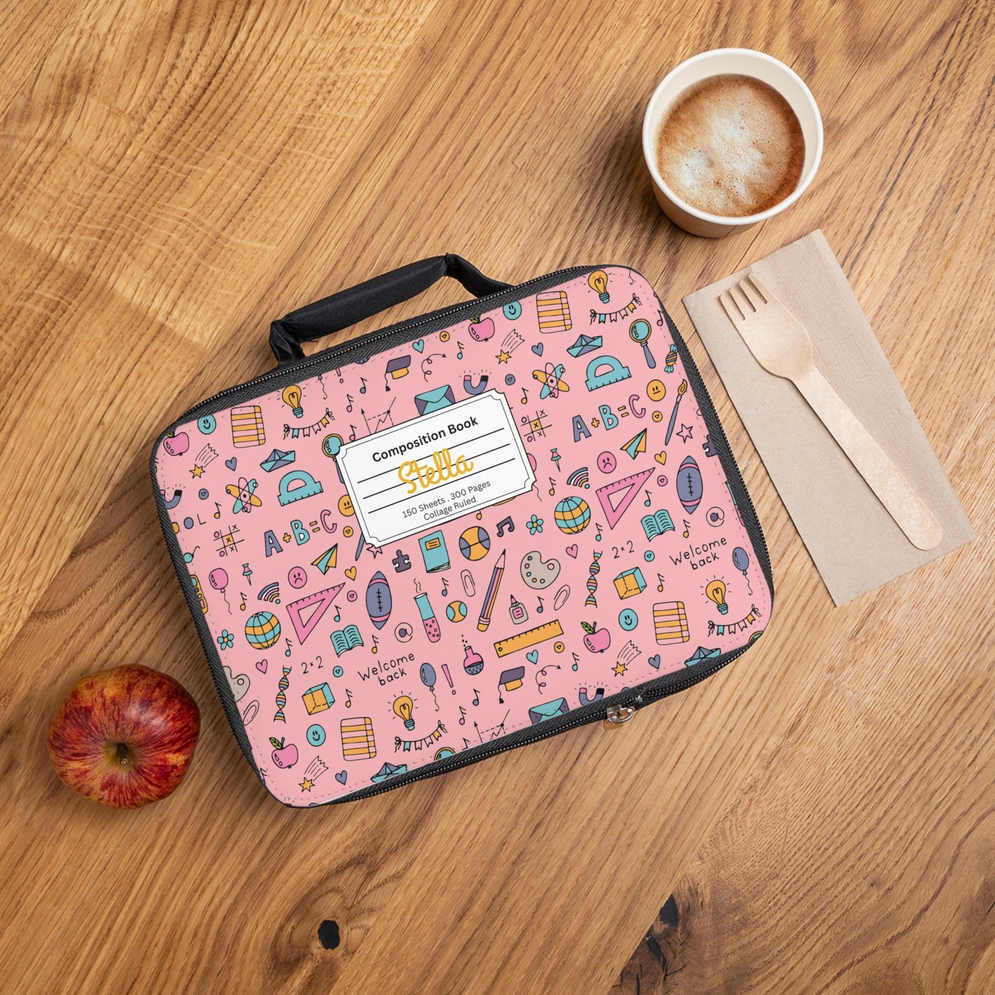 Personalized Pink Chalkboard Chic Composition Book Inspired Colorful Kids Lunch Bag for School, Snack Bag, Lunch Tote, Lunchbox, Kids' Bag with Fun Back to School Design